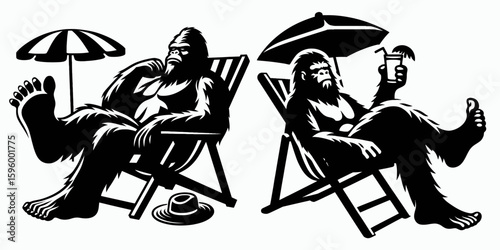 Bigfoot relaxing in beach chair Labor Day. Sasquatch a Large Hairy Humanlike Creature Cartoon Animal Clipart Line Art Vector Illustration. chilling lounger holiday weekend at coast.