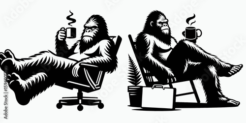 Bigfoot relaxing with coffee Cyber Monday. Sasquatch a Large Hairy Humanlike Creature Cartoon Animal Clipart Line Art Vector Illustration. chilling java during special day of commerce.