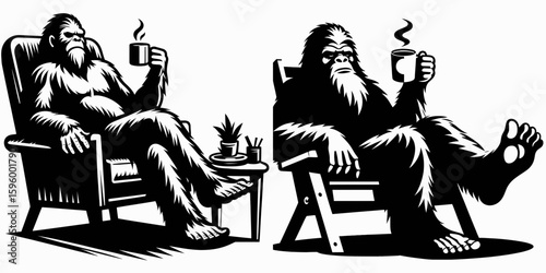 Bigfoot relaxing with coffee Cyber Monday. Sasquatch a Large Hairy Humanlike Creature Cartoon Animal Clipart Line Art Vector Illustration. hominid chilling java special shopping day deal.