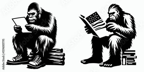 Bigfoot reading letter Veterans Day. Sasquatch a Large Hairy Humanlike Creature Cartoon Animal Clipart Line Art Vector Illustration. hominid viewing communication military holiday.