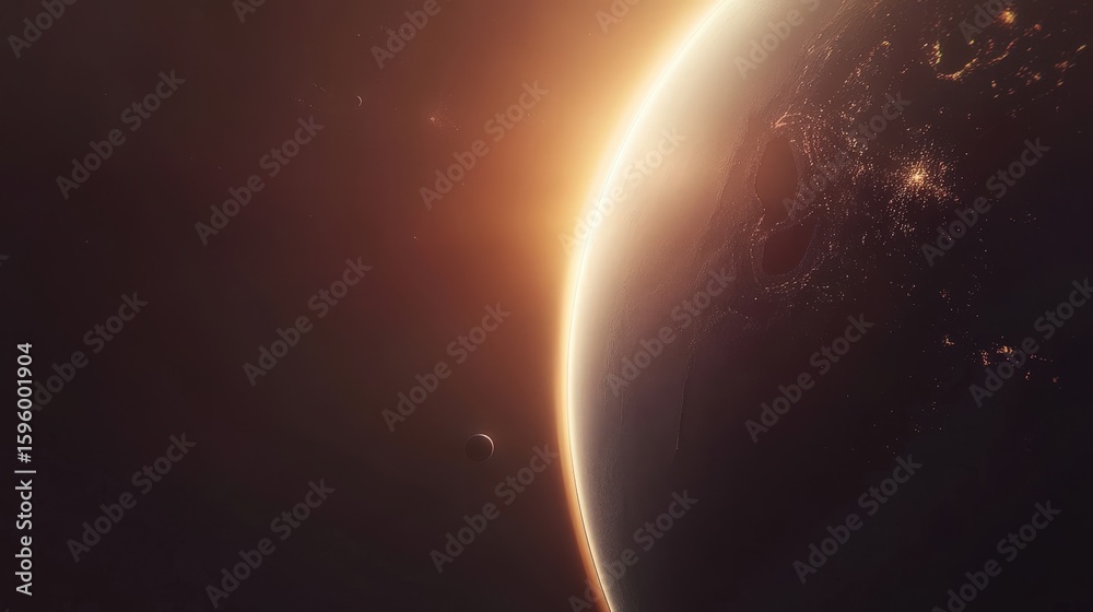 Fototapeta premium Stunning view of a distant planet silhouetted against a sunset glow, with hints of cosmic beauty and distant stars twinkling.