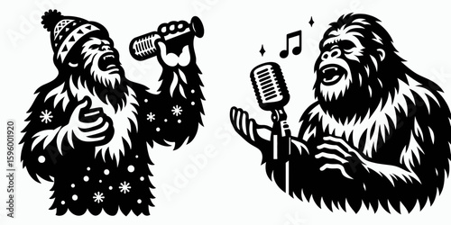 Bigfoot singing Auld Lang Syne New Years Eve. Sasquatch a Large Hairy Humanlike Creature Cartoon Animal Clipart Line Art Vector Illustration. Cryptid vocalist ancient times celebration.