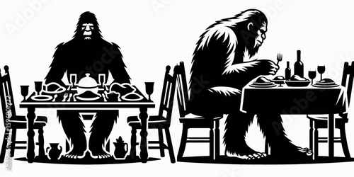 Bigfoot setting dinner table Thanksgiving. Sasquatch a Large Hairy Humanlike Creature Cartoon Animal Clipart Line Art Vector Illustration. arranging feast board autumn holiday meal.