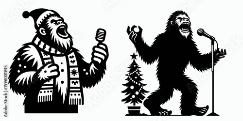 Bigfoot singing carols Christmas. Sasquatch a Large Hairy Humanlike Creature Cartoon Animal Clipart Line Art Vector Illustration. vocalizing hymns yuletide festivity winter holiday legend.