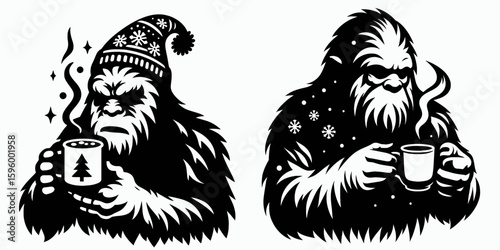 Bigfoot sipping hot cocoa Christmas. Sasquatch a Large Hairy Humanlike Creature Cartoon Animal Clipart Line Art Vector Illustration. hominid enjoys warm chocolate holiday drink winter.