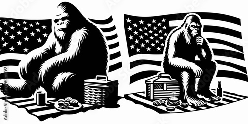 Bigfoot sitting on picnic blanket Fourth of July. Sasquatch a Large Hairy Humanlike Creature Cartoon Animal Clipart Line Art Vector Illustration. chilling spread independence day holiday.