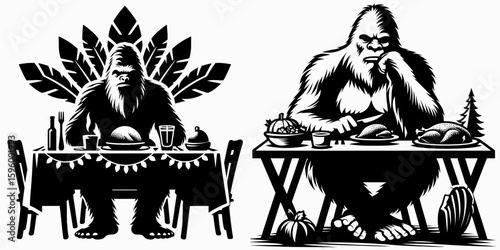 Bigfoot sitting at dinner table Thanksgiving. Sasquatch a Large Hairy Humanlike Creature Cartoon Animal Clipart Line Art Vector Illustration. food spread festive meal holiday event.