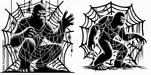 Bigfoot tangled in spiderweb Halloween. Sasquatch a Large Hairy Humanlike Creature Cartoon Animal Clipart Line Art Vector Illustration. caught cobweb autumn holiday monster.