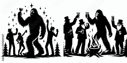Bigfoot toasting with friends New Years Eve. Sasquatch a Large Hairy Humanlike Creature Cartoon Animal Clipart Line Art Vector Illustration. drinking buddy at holiday celebration party.