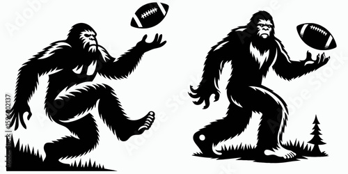 Bigfoot tossing football Fall Tailgating. Sasquatch a Large Hairy Humanlike Creature Cartoon Animal Clipart Line Art Vector Illustration. chucking pigskin autumn parking lot celebration.