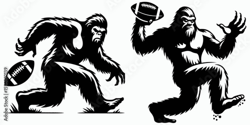Bigfoot tossing football Fall Tailgating. Sasquatch a Large Hairy Humanlike Creature Cartoon Animal Clipart Line Art Vector Illustration. throwing pigskin autumn pregame party fun outdoors.