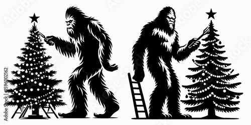 Bigfoot trimming Christmas tree Eve. Sasquatch a Large Hairy Humanlike Creature Cartoon Animal Clipart Line Art Vector Illustration. Elusive wildman decorating fir holiday during yule.