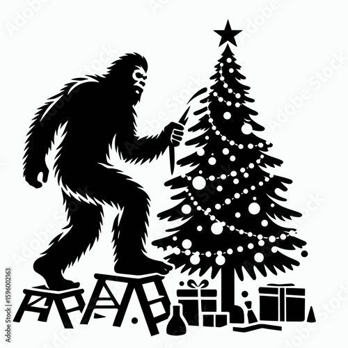 Bigfoot trimming Christmas tree Eve. Sasquatch a Large Hairy Humanlike Creature Cartoon Animal Clipart Line Art Vector Illustration. decorates holiday evergreen on yuletide before morning.