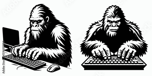 Bigfoot typing on keyboard Cyber Monday. Sasquatch a Large Hairy Humanlike Creature Cartoon Animal Clipart Line Art Vector Illustration. using computer entering data for discount shopping.