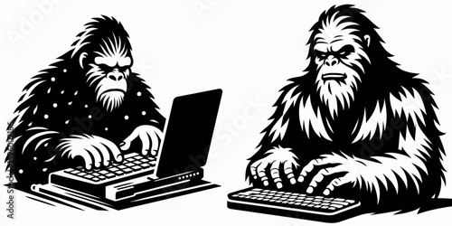 Bigfoot typing on keyboard Cyber Monday. Sasquatch a Large Hairy Humanlike Creature Cartoon Animal Clipart Line Art Vector Illustration. using computer during yearly online retail discount.