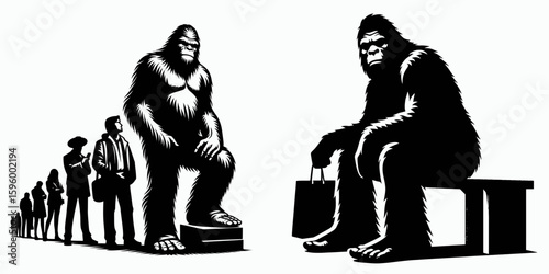 Bigfoot waiting in line Black Friday. Sasquatch a Large Hairy Humanlike Creature Cartoon Animal Clipart Art Vector Illustration. Big primate queuing during annual discount event on the day.
