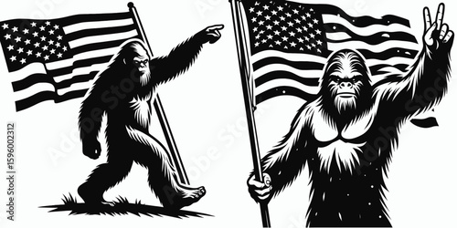 Bigfoot waving flag Veterans Day. Sasquatch a Large Hairy Humanlike Creature Cartoon Animal Clipart Line Art Vector Illustration. shows banner army day salute great legend honoring service.