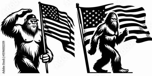 Bigfoot waving flag Veterans Day. Sasquatch a Large Hairy Humanlike Creature Cartoon Animal Clipart Line Art Vector Illustration. displaying banner holiday for armed force member honor.