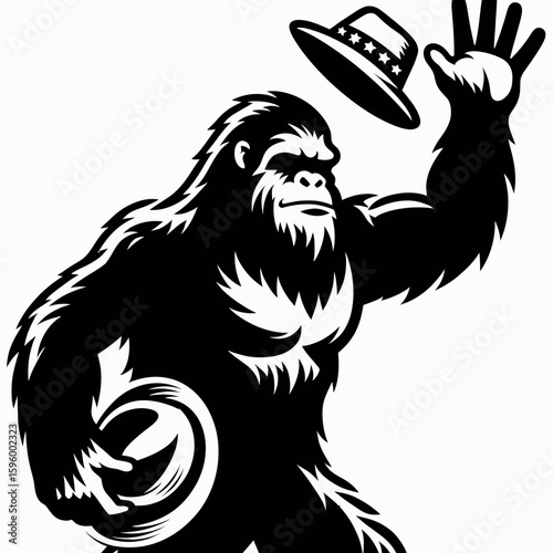 Bigfoot waving goodbye to summer Labor Day. Sasquatch a Large Hairy Humanlike Creature Cartoon Animal Clipart Line Art Vector Illustration. saying farewell the season autumn holiday end.
