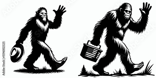 Bigfoot waving goodbye to summer Labor Day. Sasquatch a Large Hairy Humanlike Creature Cartoon Animal Clipart Line Art Vector Illustration. figure sayonara warm season holiday weekend.