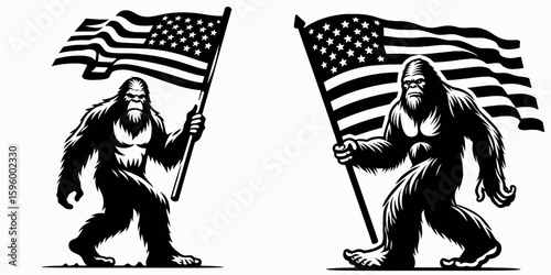 Bigfoot waving American flag Fourth of July. Sasquatch a Large Hairy Humanlike Creature Cartoon Animal Clipart Line Art Vector Illustration. holding usa banner during independence day.