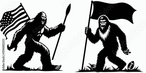 Bigfoot waving team flag Fall Tailgating. Sasquatch a Large Hairy Humanlike Creature Cartoon Animal Clipart Line Art Vector Illustration. hoisting pennant autumn pregame event gathering.