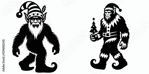 Bigfoot wearing elf costume Christmas Eve. Sasquatch a Large Hairy Humanlike Creature Cartoon Animal Clipart Line Art Vector Illustration. hominid in festive pixie garment at yuletide.
