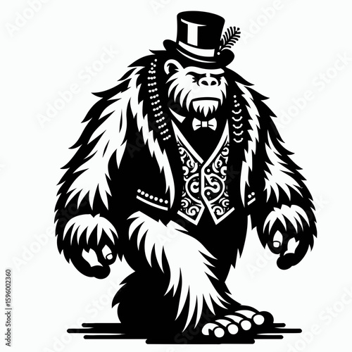 Bigfoot wearing fancy outfit New Year. Sasquatch a Large Hairy Humanlike Creature Cartoon Animal Clipart Line Art Vector Illustration. Huge hominid in elegant attire festive holiday.