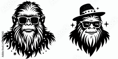 Bigfoot wearing festive glasses New Years Eve. Sasquatch a Large Hairy Humanlike Creature Cartoon Animal Clipart Line Art Vector Illustration. dons party eyewear holiday eve celebration.