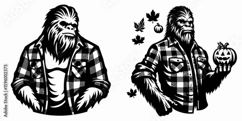 Bigfoot wearing flannel shirt Autumn Festival. Sasquatch a Large Hairy Humanlike Creature Cartoon Animal Clipart Line Art Vector Illustration. Cryptid in plaid garment fall celebration.