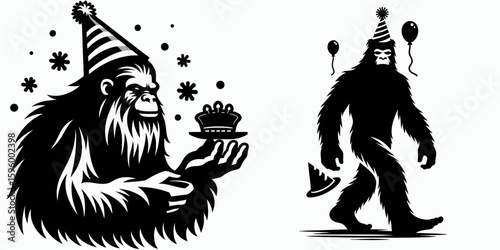 Bigfoot wearing party hat New Years Eve. Sasquatch a Large Hairy Humanlike Creature Cartoon Animal Clipart Line Art Vector Illustration. festive headgear winter holiday celebration cryptid.