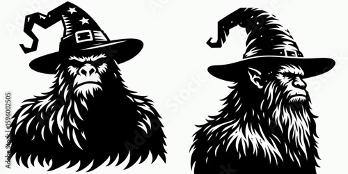 Bigfoot wearing witch hat Halloween. Sasquatch a Large Hairy Humanlike Creature Cartoon Animal Clipart Line Art Vector Illustration. in pointy mage headwear for autumn holiday fun.