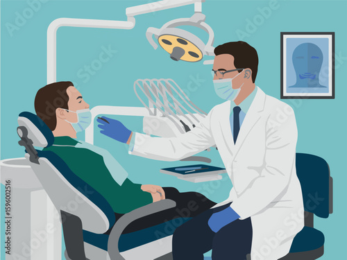 Clean and modern vector  dental examination patient in chair with dentist for oral hygiene and healthcare checkup at clinic office