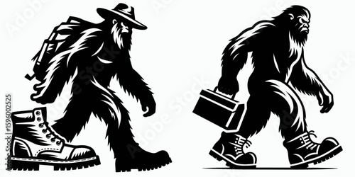 Bigfoot wearing work boots Labor Day. Sasquatch a Large Hairy Humanlike Creature Cartoon Animal Clipart Line Art Vector Illustration. in tough footwear holiday for hard job celebration.