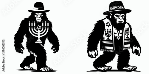 Bigfoot wearing yarmulke Hanukkah. Sasquatch a Large Hairy Humanlike Creature Cartoon Animal Clipart Line Art Vector Illustration. with head covering at jewish holiday festivity celebration.