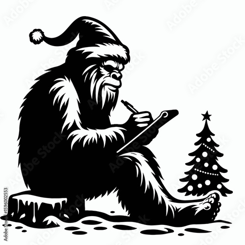 Bigfoot writing letter Christmas Eve. Sasquatch a Large Hairy Humanlike Creature Cartoon Animal Clipart Line Art Vector Illustration. woodland penning note holiday eve.