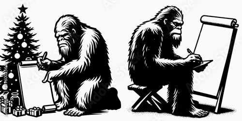 Bigfoot writing wish list Christmas. Sasquatch a Large Hairy Humanlike Creature Cartoon Animal Clipart Line Art Vector Illustration. authoring hope inventory yuletide.