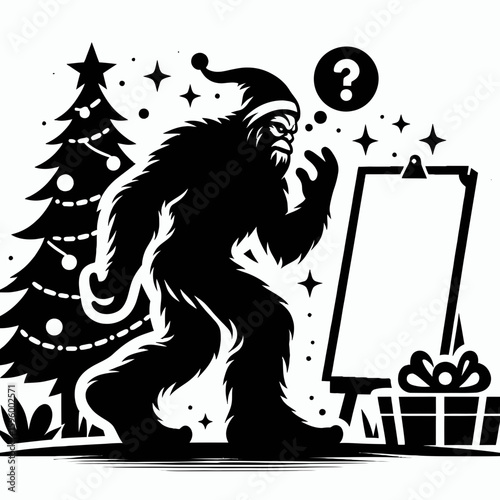 Bigfoot writing wish list Christmas. Sasquatch a Large Hairy Humanlike Creature Cartoon Animal Clipart Line Art Vector Illustration. authoring crave record holiday.
