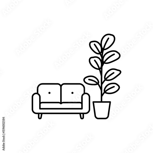 Black icon of fiddle-leaf fig plant beside sofa