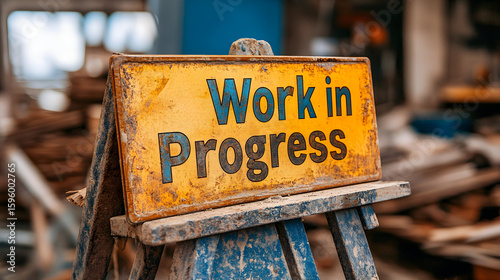 A rusty yellow 'Work in Progress' sign on a wooden easel.