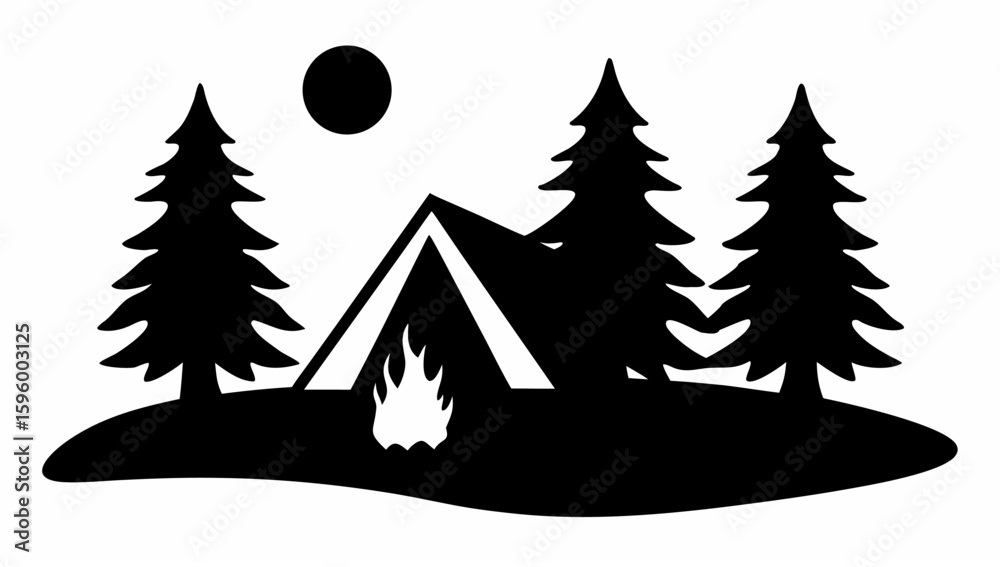 Obraz premium Silhouette of a camping scene with a tent, campfire, trees, and moon under a night sky outdoors
