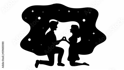 Silhouette of a man proposing to a woman under a starry sky with a cloud like shape above them both