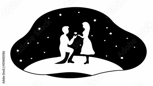 Silhouette of a man proposing with a heart to a woman under a starry night sky in black and white style