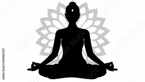 Silhouette of a woman in lotus position meditating with a floral mandala behind her back in black and white
