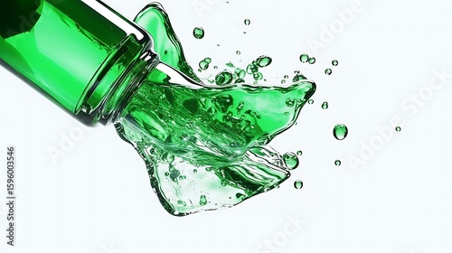 Emerald green nail polish burst from a tipped bottle, droplets flying in chaotic motion with realistic reflections on white, clean clipping path and full frame detail .
