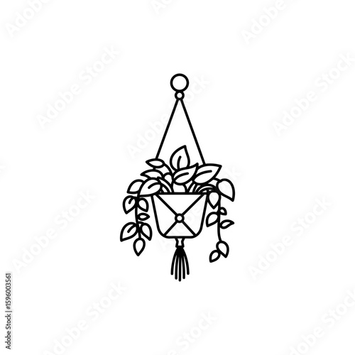 Outline icon of indoor plant in macrame hanger for home decor