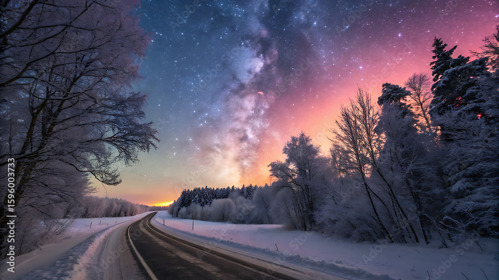 Road leading towards colorful sunrise between snow covered trees with epic milky way on the sky. Road leading towards colorful sunrise between snow covered trees with epic milky way on the sky.