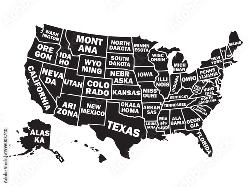 United States black Map with States Name– High-Resolution Vector Map of the United States of America.