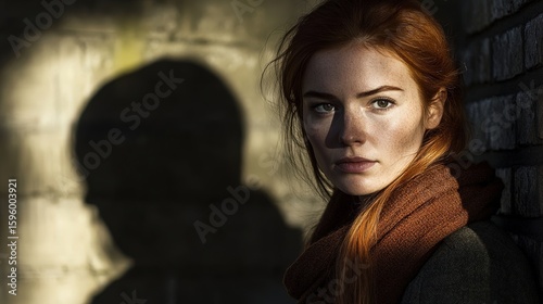A woman with red hair stands against a wall. Soft light creates a shadow. Her expression shows calm and thoughtfulness.