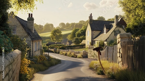 A peaceful countryside road with charming houses and green hills under a bright sky. Perfect for a tranquil day out.